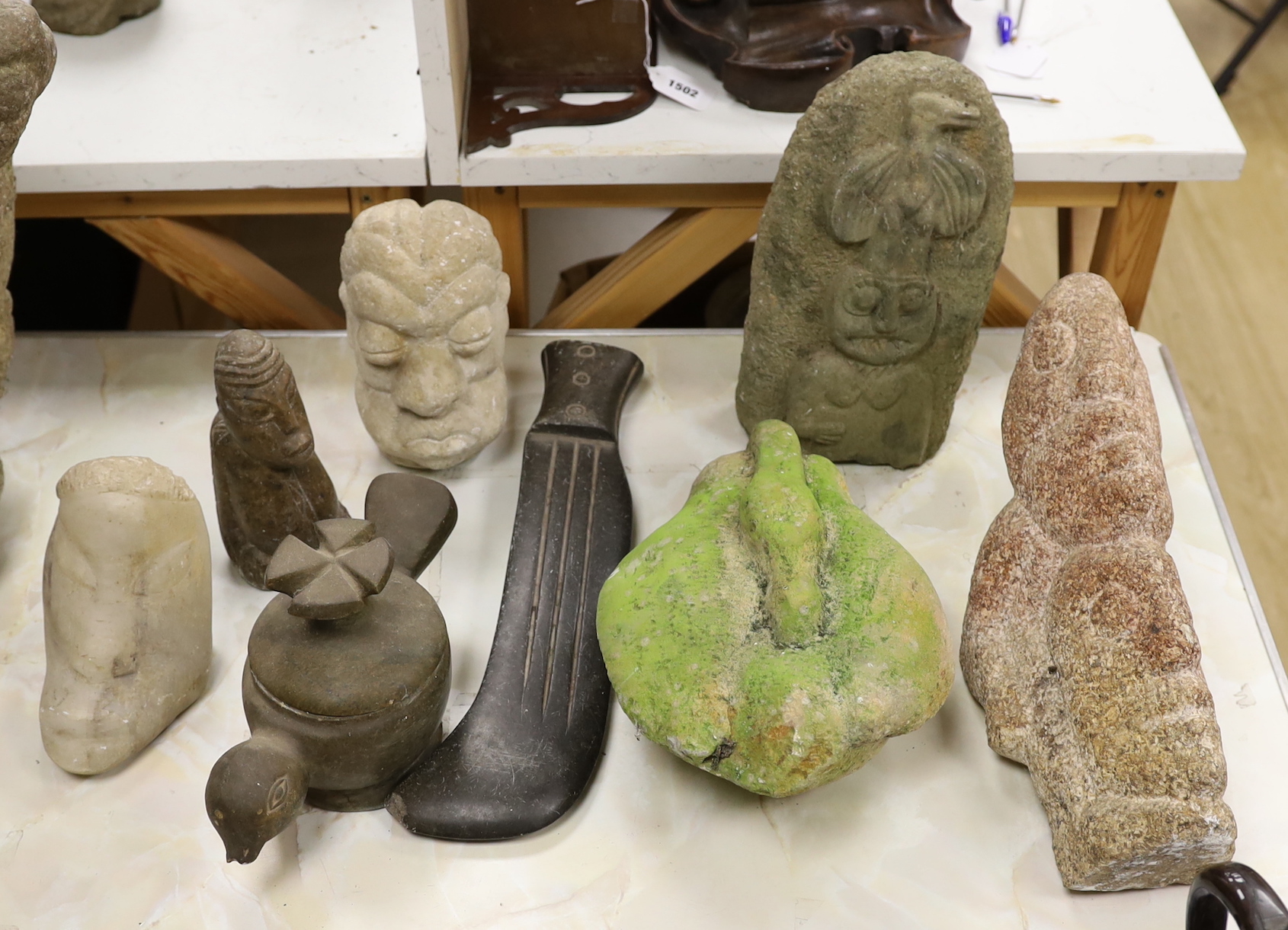 Eight Shona stone carvings, 1960s-1970s, including figures, heads and abstract sculpture forms, tallest 31cm